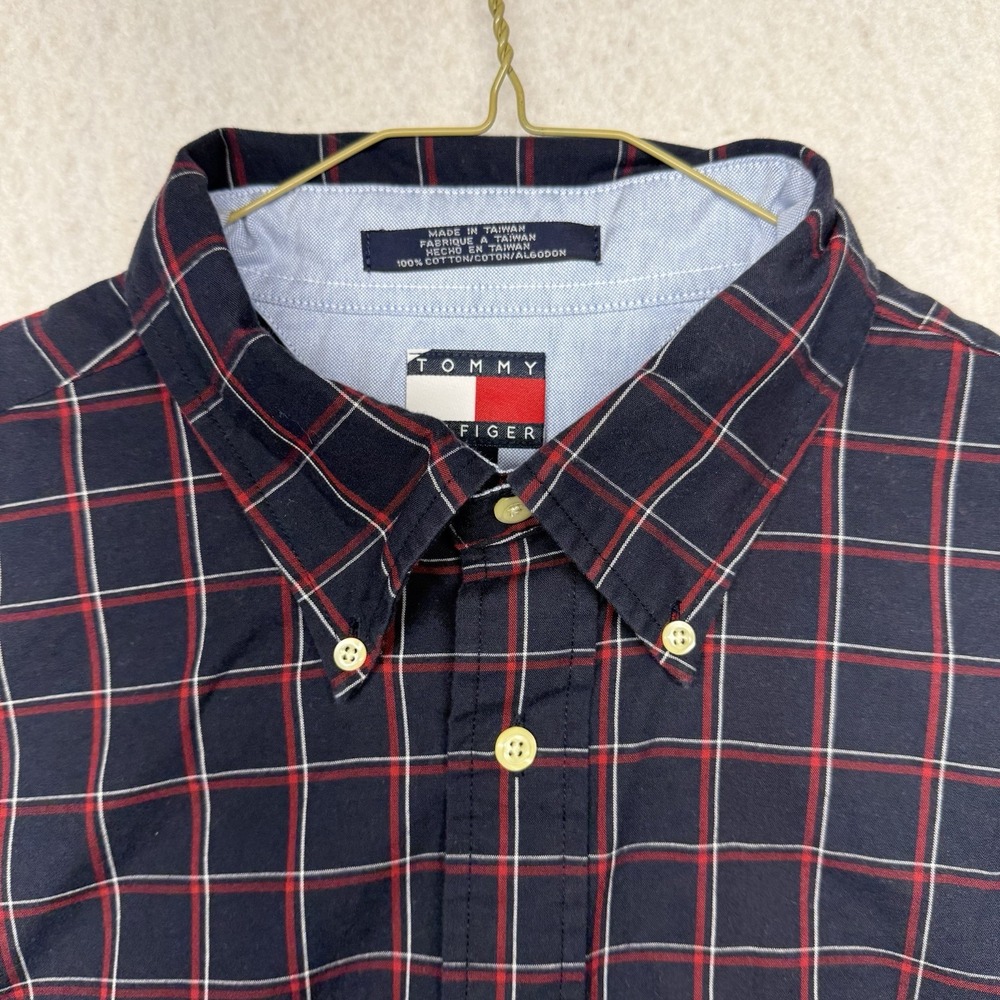 Tommy Hilfiger Shirt Mens XL  Blue Plaid Button Down Long Sleeve Flag Logo VTG - Picture 3 of 16